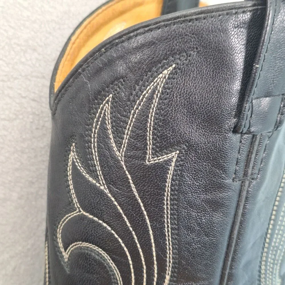 Jama Old West Men's 10D Slip-On Cowboy Boots Black Leather Embroidered Vintage